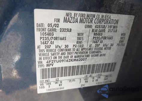 2002 Mazda Tribute Es V6/Lx V6 from USA, damaged, VIN 4F2YU09162KM62007